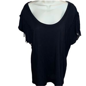 Copper Key size XL black scoop neck short sleeve tee fringe slight high low